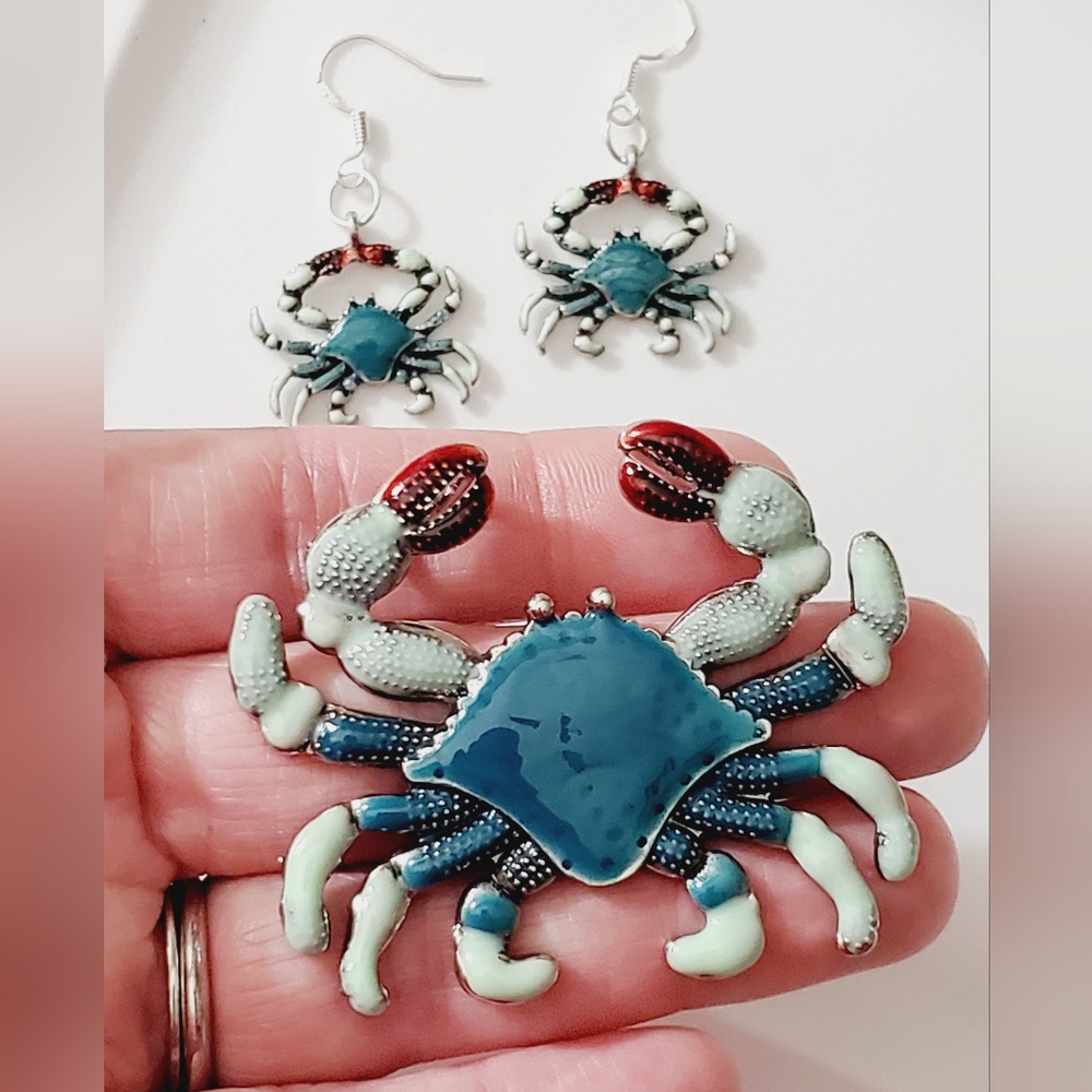 SALE! Crab pendant earrings set 925 sterling silver handmade enamel NICE! Beach